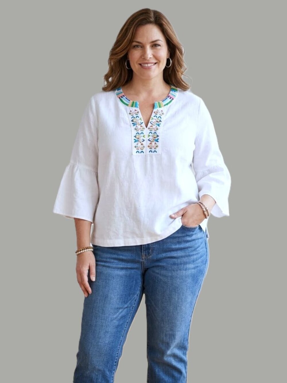 PECK & PECK Linen-Cotton Blend Embellished Tunic. Size XL